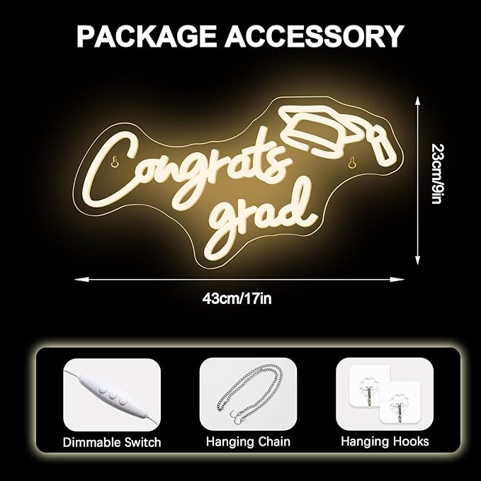 NOSUN Congrats Grad Neon Sign Grad Neon Signs for Wall Decor, Warm White LED Signs for Classmates friends family, USB Neon Word Sign for Party Club Light Up Sign, The best gift for graduating friend