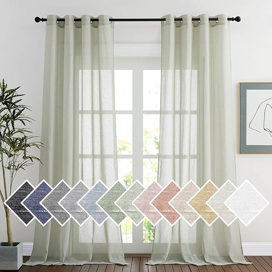 NICETOWN Linen Sheer Curtains for Living Room, Grommet Semi Sheer Privacy Vertical Window Draperies Privacy with Light Penetration for Hall/Villa, Sage Green, 52W by 96L, Set of 2