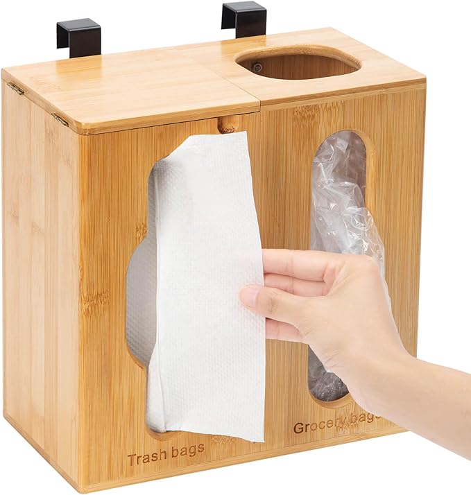 Trash Bag Dispenser & Grocery Bag Holder -2 in 1-Bamboo Plastic Bag Holder with Large Storage Capacity and Wall-Mounted Design, Grocery Garbage Bag Organizers for Kitchen and Laundry Room Organization