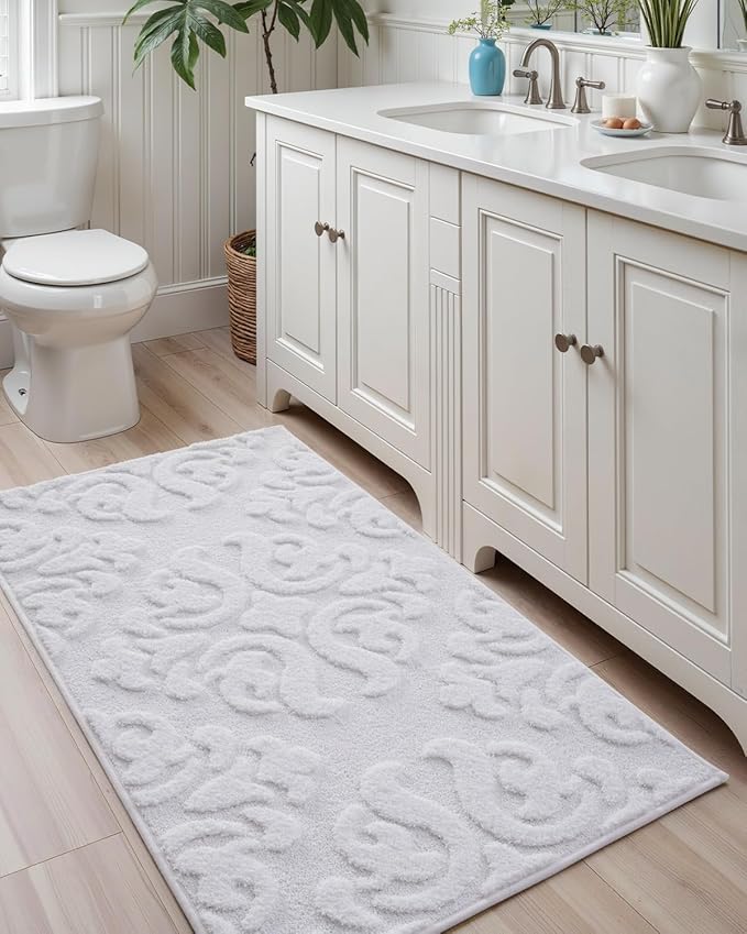 DEXI Bathroom Rug 24x43, Non Slip Washable Bath Mat for Shower Floor, Absorbent Soft Bathmat with Rubber Backing, Plush Fluffy Microfiber Floral Retro Carpet, White