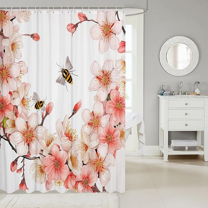 Feelyou Peach Blossom Shower Curtain Boys Girls Flower Floral Fabric Shower Curtain for Kids Honey Bathroom Waterproof Accessories with 12 Hooks Pink Curtains,72x84 Inches