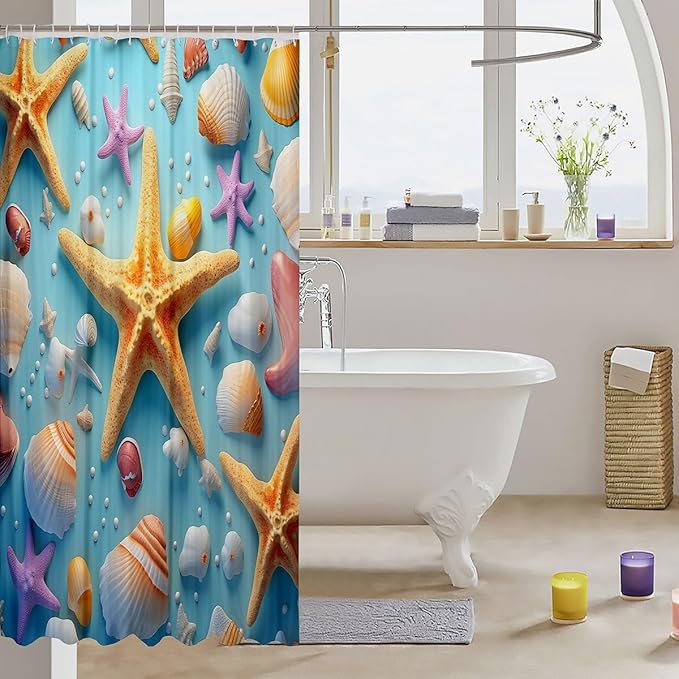 Feelyou Starfish Fabric Shower Curtain Seashell Shower Curtain for Teens Blue Ocean Bathroom Waterproof Accessories with 12 Hooks Summer Curtains,72x72 Inches