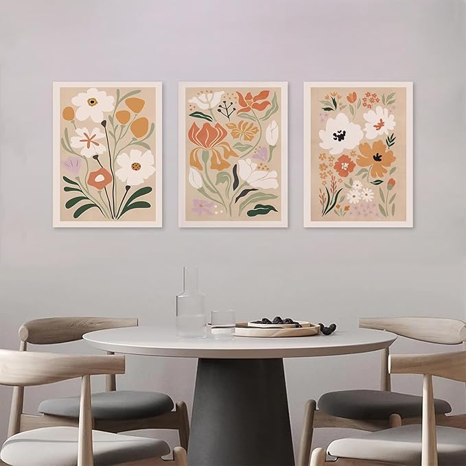 Framed Canvas Wall Art Set of 3, Minimalist Abstract Flower Floral Wall Art Farmhouse Decor, Boho Style Wall Decor Paintings, Modern Botanical Flower Art Print for Bathroom, Bedroom, Gallery, Living
