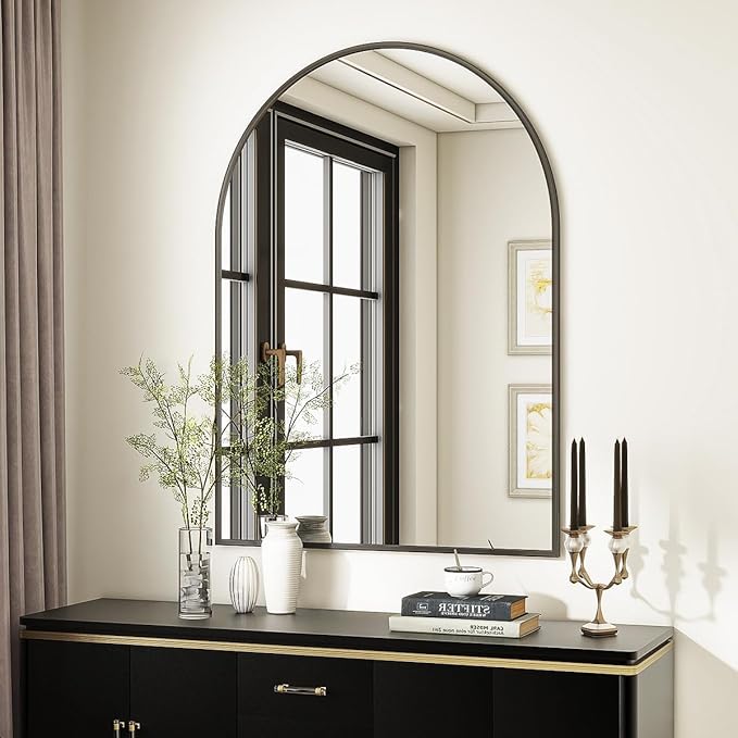 Arched Wall Mirror, 30 x 38 inch Arch Bathroom Mirror, Wall Mounted Vanity Mirror with Arch Metal Frame, Modern Bathroom Vanity Mirror for Bedroom, Living Room, Hanging or Leaning, Black