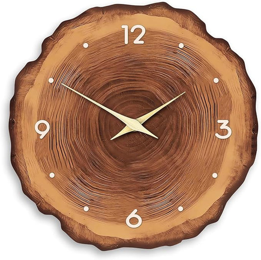 XNM Brown Wooden Clock Battery Operated 14 Inch Farmhouse Wall Clock for Bedroom Decor Rustic Annual Ring Wall Clock Silent (MDF No Solid Wood)