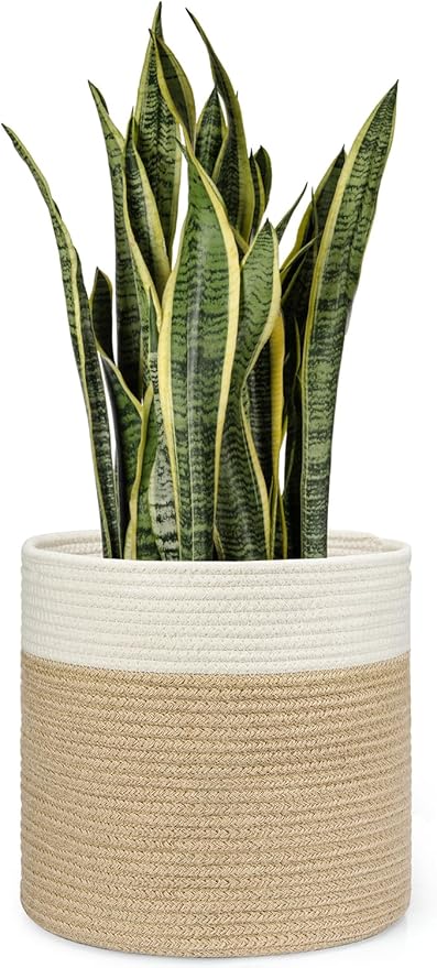 Dahey Jute Spliced Cotton Rope Plant Basket Modern Woven Storage Basket for 12.5" Floor Indoor Planter, Decorative Flower Pots Cover Laundry Bin with Handle Rustic Home Decor, White and Beige