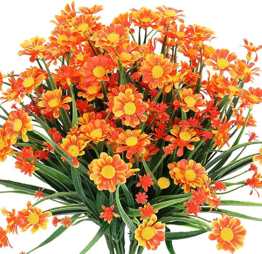 Artificial Daisies Flowers Outdoor UV Resistant 4 Bundles Fake Foliage Greenery Faux Plants Shrubs Plastic Bushes for Window Box Hanging Planter Farmhouse Indoor Outside Decor(Orange Red)