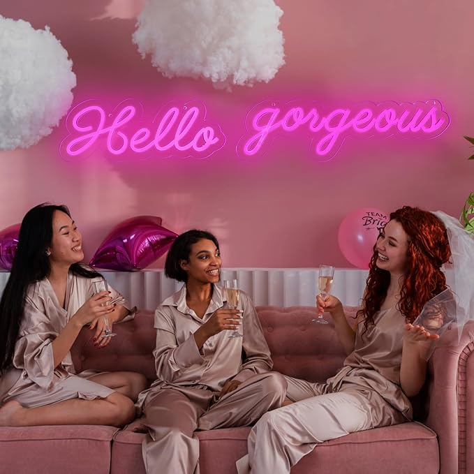 32x5 Inch Hello Gorgeous Neon Sign Pink LED Neon Light Beautiful Wall Art Gift for Girls Party Wall Decor Wedding Birthday Backdrop Bacelorette Party Wth Dimmable Switch