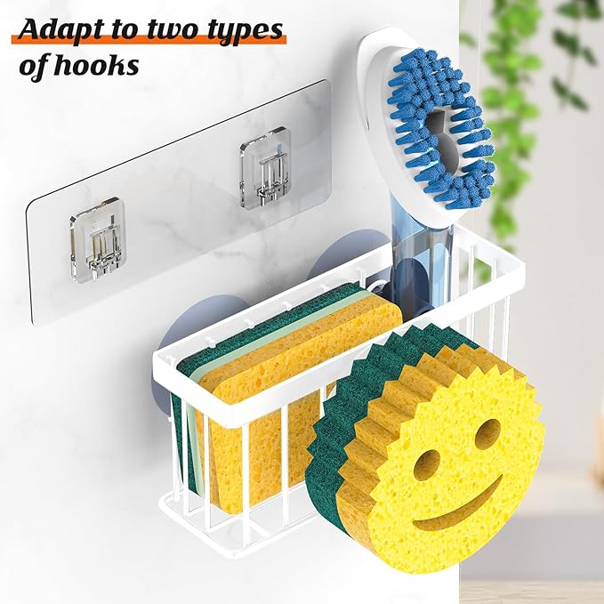 Sponge Holder Smiley Face, Sink Organizer with 2 Suction Cups/1 Adhesive Strips, Designed for Sponge, Soap, Dish Brush, Scrubber - White