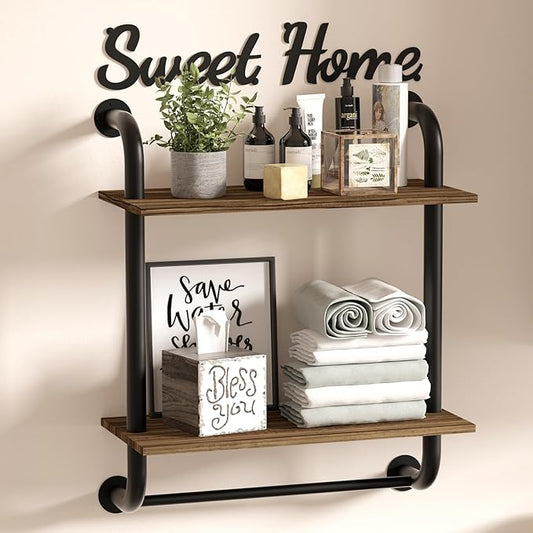 Bathroom Shelves Wall Mounted, Rustic Farmhouse Pipe Shelves, 2-Tier, Industrial Shelving, Floating Shelf Decor for Bathroom, Kitchen, Bedroom, Living Room 17.3 inch