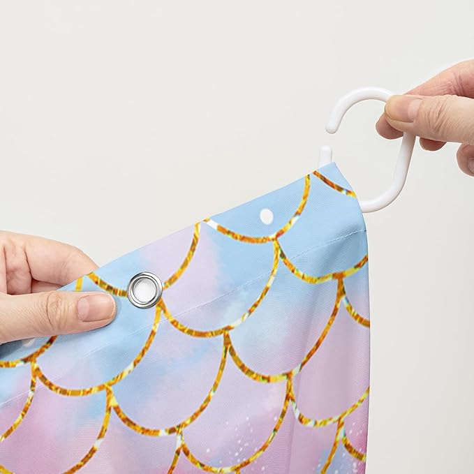 AILONEN Mermaid Shower Curtain,Cute Black Girls Mermaid Bath Curtain for Kids Girls,Ocean Fish Pink Mermaid Scale Print Shower Curtain for Bathroom Decor Waterproof with 12 Plastic Hooks, 48" W*72" H