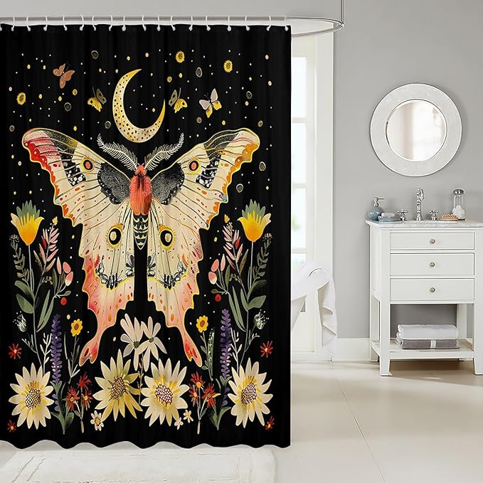 Feelyou Boho Butterfly Fabric Shower Curtain Bohemian Moth Shower Curtain for Kids Boys Girls Moon Galaxy Bathroom Waterproof Accessories with 12 Hooks Flower Weed Botanical Curtains,72X78 Inches