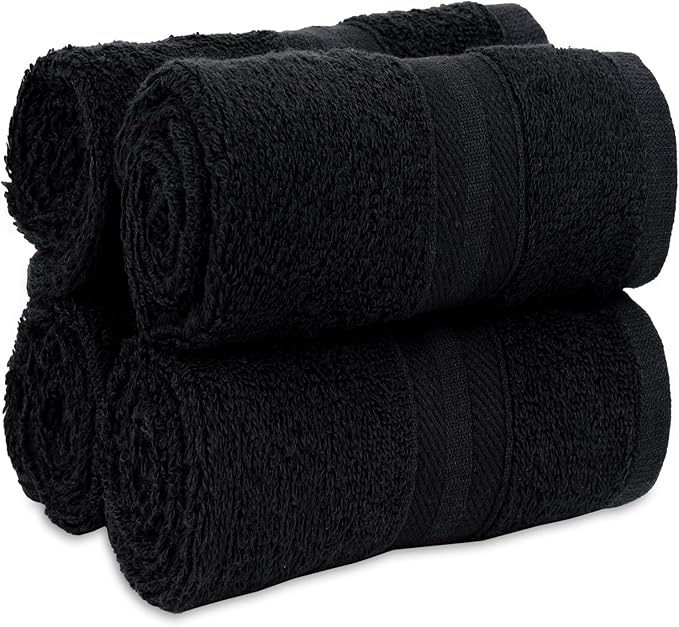 Quick-Dry, Soft & High Absorbent Washcloths Towels 13"x13" Cotton Turkish Bath Towel Set of 4 | Daily Use 100% Cotton Towels for Bathroom Gym & More | Bathroom Towels Set (4 Pcs, Black)