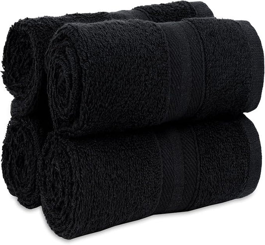 Quick-Dry, Soft & High Absorbent Washcloths Towels 13"x13" Cotton Turkish Bath Towel Set of 4 | Daily Use 100% Cotton Towels for Bathroom Gym & More | Bathroom Towels Set (4 Pcs, Black)