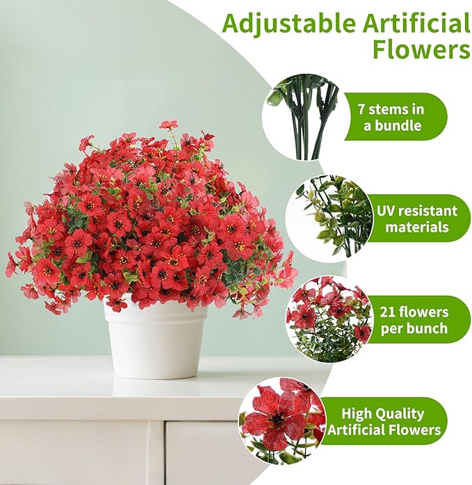 Artificial Flowers Outdoor, Faux Silk Flowers Plastic Plants for Outdoors Indoor Outside Front Porch Hanging Planter Window Box Garden Home Decoration, 14 Bundles(Red)