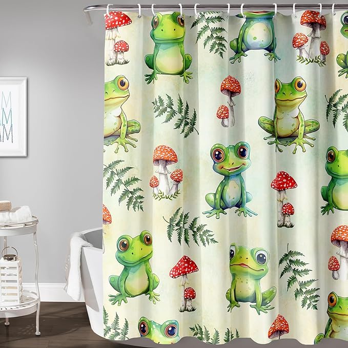 AILONEN Cute Frog Shower Curtain for Bathroom, Mushroom and Frog Bath Curtain,Amphibians Fungus Printed Waterproof Curtain with 12 Plastic Hooks,Green 72" W*72" H