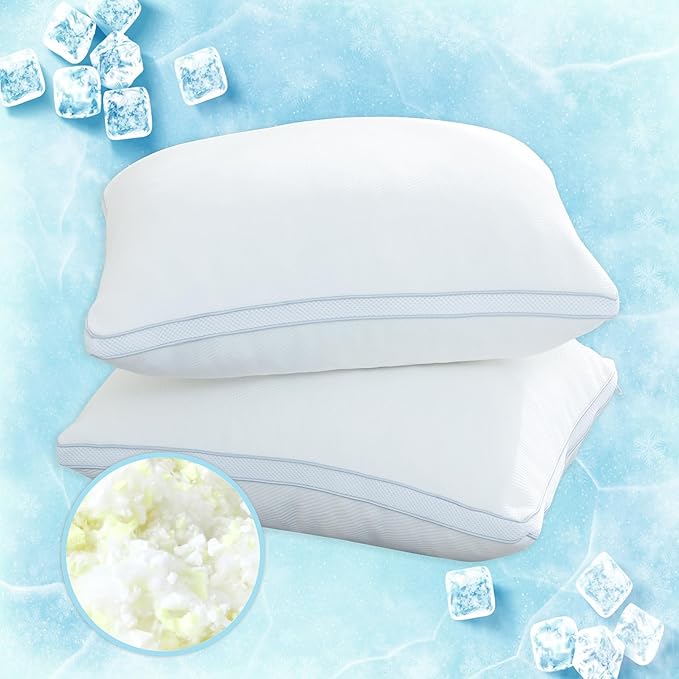 Cooling Pillow for Side Sleeper Shredded Memory Foam Standard Size Set of 2 Firm Support Sleeping Bed Pillows Stomach Back