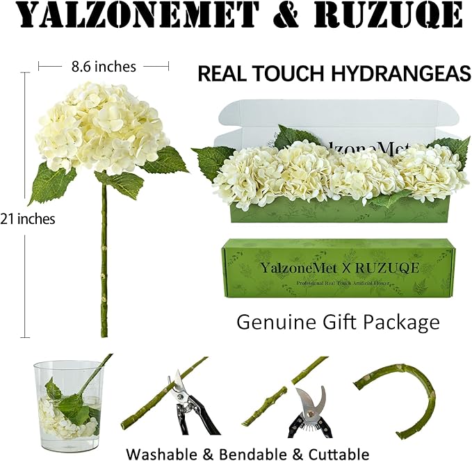 YalzoneMet 4 PCS Beige Creamy Hydrangea Artificial Flowers 21 inches Real Touch Faux Latex Hydrangea Flowers for Wedding Table Centerpieces Fake Flowers for Party Home Kitchen Fall Decor