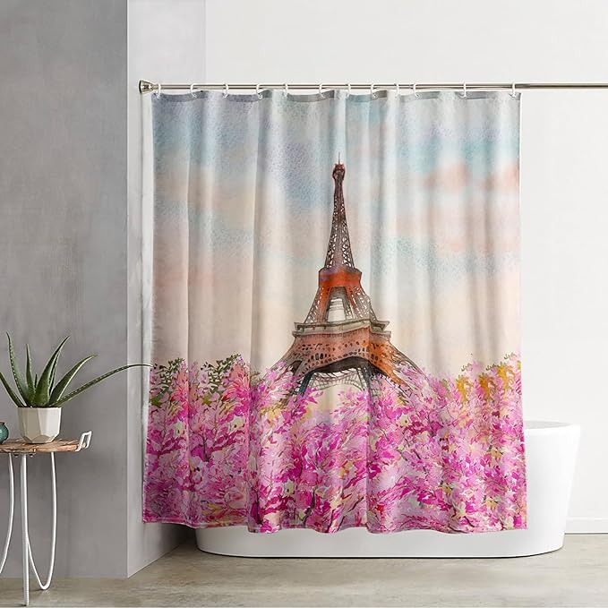 AILONEN Paris Tower Shower Curtain,Romantic Tower Theme Waterproof Fabric Shower Curtain Set for Girls Kids Teens, 72" W*84" H Pink Flowers Dreamy Eiffel Tower Shower Curtain