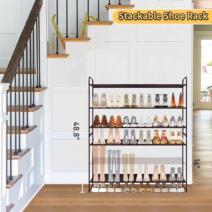 SLEEPING LAMB 3-Tier Shoe Rack for Closet, Long Stackable Wide Shoe Organizer Holds 24-Pairs Low Shoe Storage for Bedroom, Floor, Entryway (Bronze)