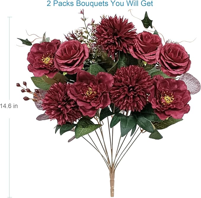 Premium Burgundy Silk Flowers Bouquet, Artificial Floral Arrangements, Fake Flower for Wedding Bridal Bouquets, Home Decorations, Baby Shower, Table Centerpieces
