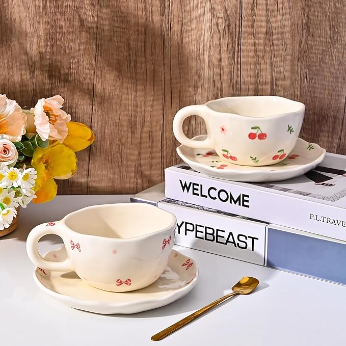 Koythin Ceramic Coffee Mug with Saucers, Handmade Flowers Mugs, Cute Cup for Girl Women, Aesthetic Tea Milk Cup with Handle, 8.5 oz/250 ml for Latte, Cocoa, Office, Home (Rose Blue Flower)