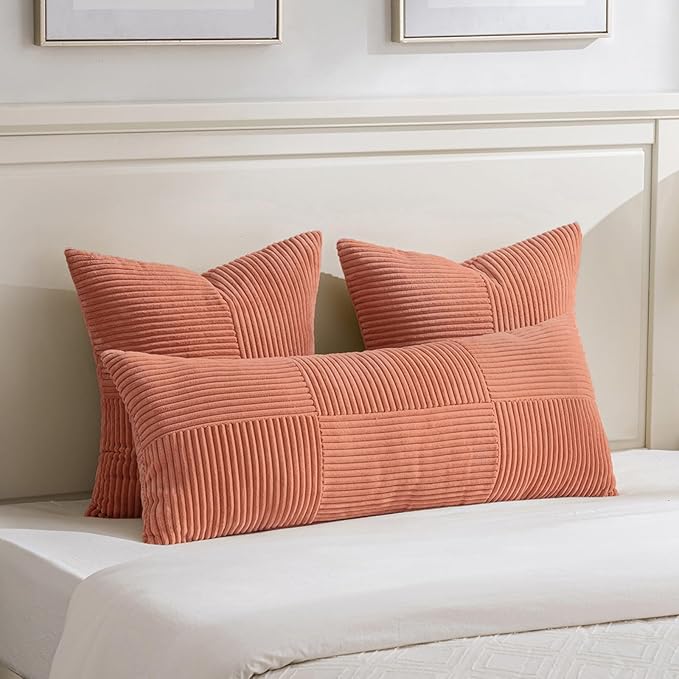 Fancy Homi 2 Packs Coral Big Decorative Throw Pillow Covers 24x24 Inch for Living Room Couch, Rustic Farmhouse Boho Home Decor, Soft Corss Corduroy Patchwork Accent Peach Square Cushion Case 60x60 cm