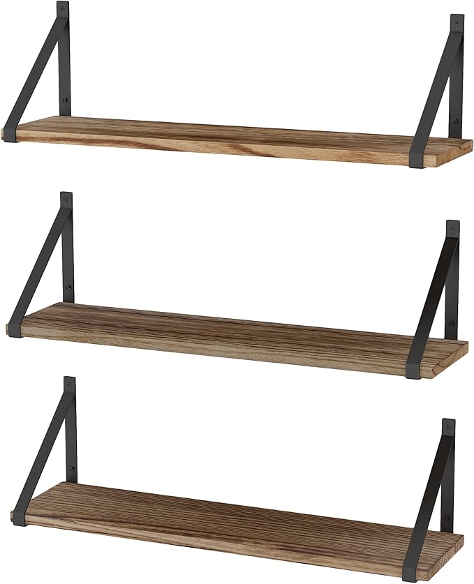 Wallniture Bora Floating Shelves for Wall, 24"x6" Bathroom Storage Shelves, Rustic Wood Shelf Set of 3, Burned Finish