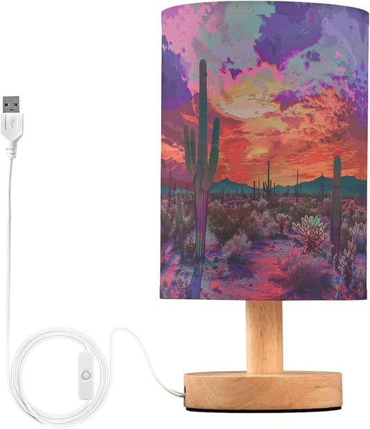 Table Lamp Pretty Cactus Desert Sunset Nightstand Lamp with Wood Base Fabric Lamp Shade Bedside Desk Lamp for Living Room Bedroom Kids Room Office