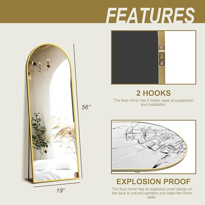 Delma Wall Mirror Full Length Mirror,Standing Mirror Full Body,Large Floor Mirror for Wall Door Bedroom Bathroom Living Room with Aluminium Frame(with Stand,Arch 56x20-Gold)