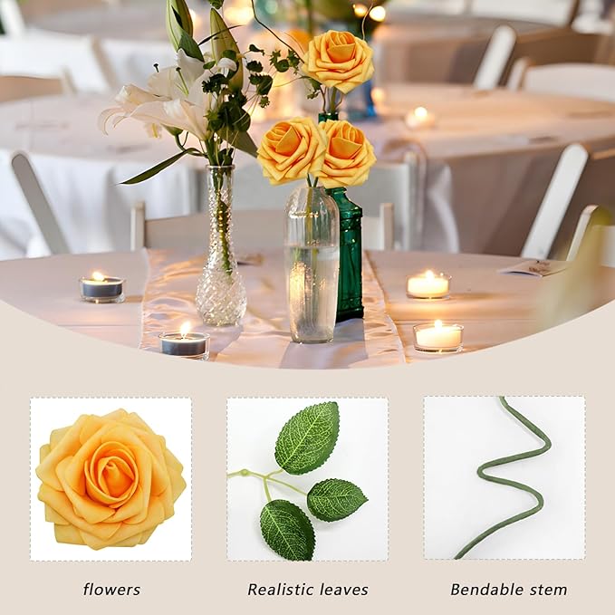 100Pcs Artificial Flowers Creamy Yellow Roses Real Looking Foam Fake Roses with Leaves and for DIY Wedding Bouquets Bridal Shower Centerpieces Party Decorations (Creamy Yellow, 100)