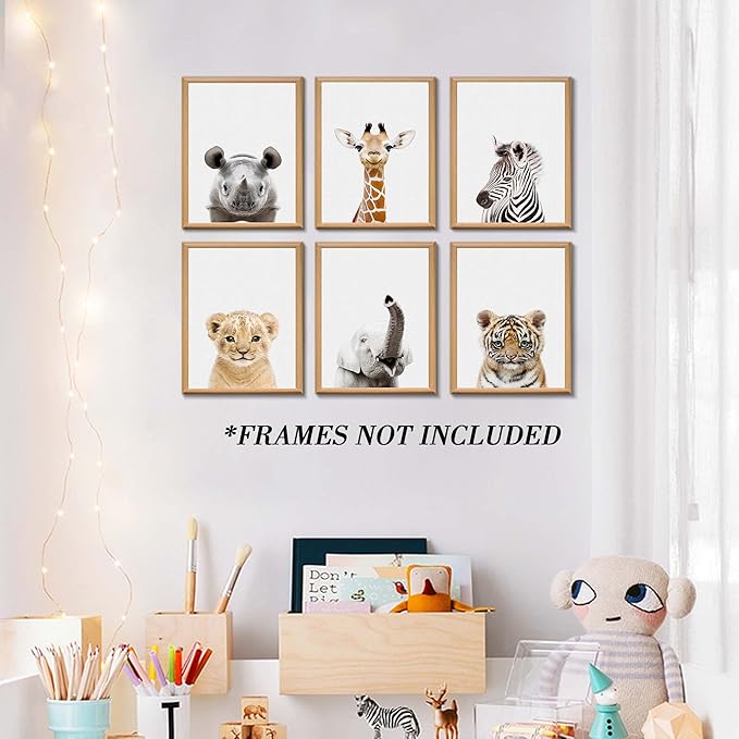 Safari Cute Animal Decor: Rhino, Giraffe, Zebra - Wall Art for Baby Bedroom (8x10, Unframed)