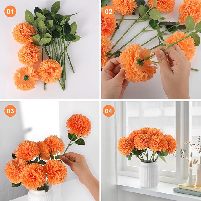Hananona 12 Pcs Artificial Chrysanthemums Flowers Ball Flower, Orange Fake Mums Silk Fall Flowers for Autumn Home Decor Indoor Floral Arrangement Table Centerpiece (12, Orange)