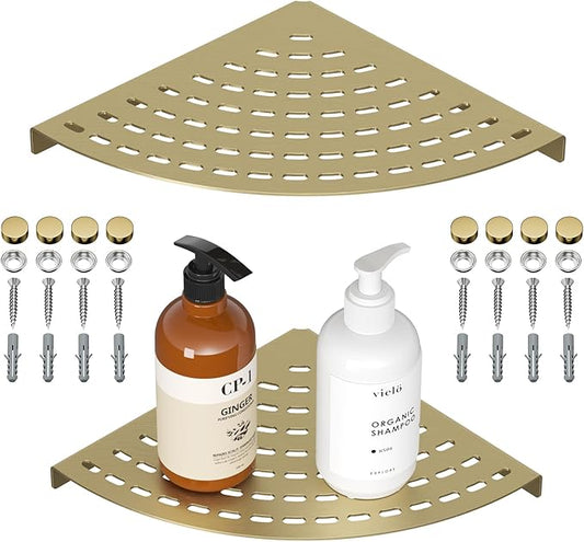 2 Pack Corner Shower Shelves 304 Stainless Steel Shower Corner Shelf Brushed Gold Bathroom 8 in Prevent Rust Drilling Installation