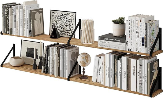 Wallniture Bora 54"x 6" Wall Shelves for Living Room, Bookshelves Wall Mounted, Wood Floating Shelves, Burnt, Wood, Set of 2