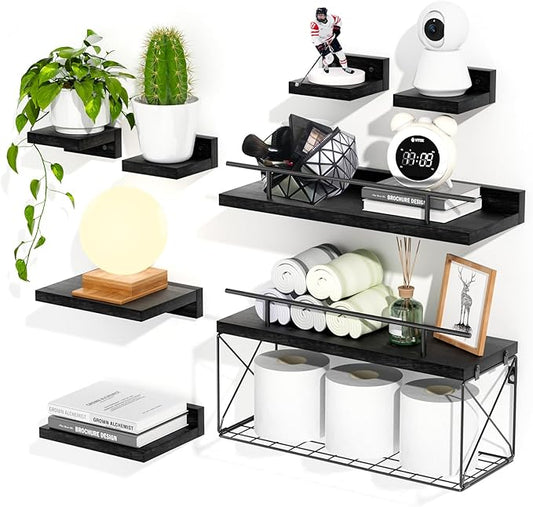Floating Shelves for Wall Set of 8, Wall Shelves for Decoration and Storage, Bathroom Shelves with Wire Storage Tier, Wood Shelves for Bathroom, Living Room, Bedroom, Kitchen (Black)