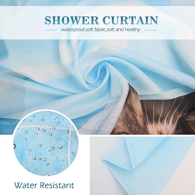 Funny Cat Shower Curtains for Bathroom - Bathing Cat Cute Kitten Taking Shower with Rubber Ducks Fun Shower Curtain Set with 12 Hooks for Adults Kids Bathroom Decor Accessories, 72"x72"