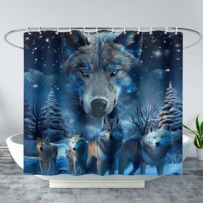 AILONEN 3D Howling Wolf Shower Curtain for Bathroo,Night Galaxy Starry Wolf Safari Animal Print Boys Teen Decor Bath Curtain 72" W*96" H Polyester Fabric Waterproof Bathroom Curtain with 12 Hooks