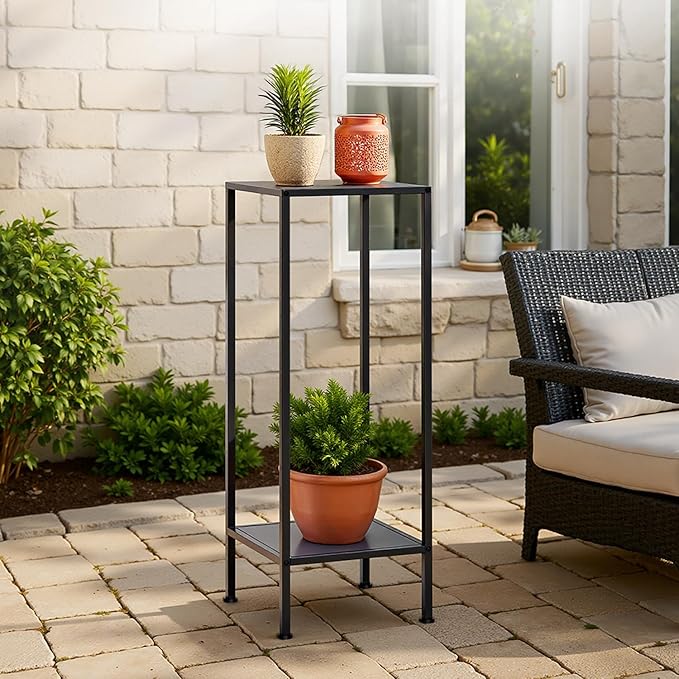 IDZO Tall Metal Plant Stand Black, 2 Tier Plant Stand Indoor and Outdoor, Modern Living Room Decor and Patio Display Shelf for Planters, Flowers, and Home Accessories