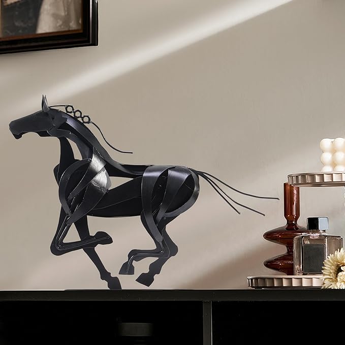 Horse Statue, Unique Metal Art Sculpture for Vintage Home Decor, Modern Decor, Gift for Horse Lovers (Black)