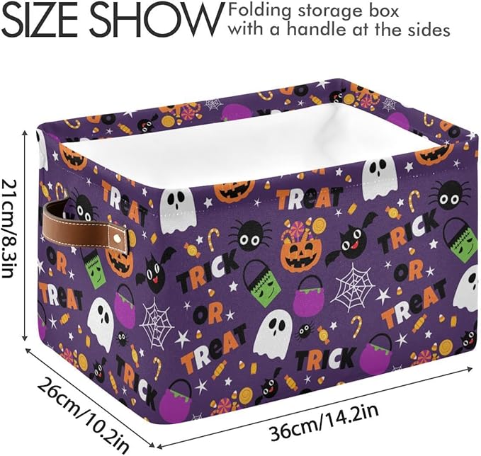 Happy Halloween Purple Storage Basket Fabric Kitchen Baskets Pumpkin Skull Ghost Bat Trick or Treat Open Home Storage Bins Boxes Foldable for Candy Toy Decorations Baskets 16×12×8 Inches