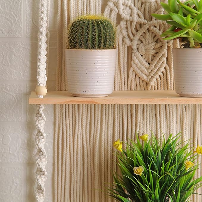 Mong Macrame Wall Hanging Shelf - Boho Hanging Shelves for Wall - Decorative Bohemian Floating Plants Room Storage Shelving Macrame Rope Decor Organizer Rack, 2 Tier Handmade Plant Shelves