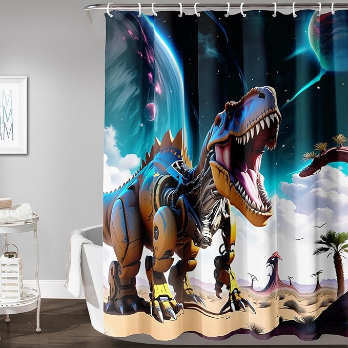 AILONEN Dinosaur Shower Curtain for Kids Boys Teens.Sky Blue Planet Dinosaur Bath Curtain for Bathroom,Machine Dinosaur Curtain Modern Polyester with 12 Plastic Hooks 72" W*96" H