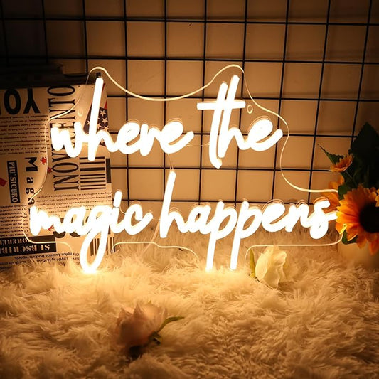 Where The Magic Happens Neon Sign Led Light Up Signs for Wall Decor Usb Powered Letter Neon Light Signs for Bedroom Wedding Decor Birthday Party Shop Man Cave 22 x 13''(Warm White)