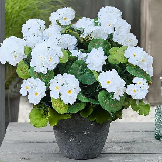 8Pcs White Artificial Geranium, Fake Outdoor Flowers, Artificial Flowers For Outdoors, White Artificial Plastic Flowers, Fake Plant For Outside, Silk Faux Flowers Planters UV Resistant For Front Porch