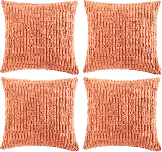 Fancy Homi 4 Packs Boho Coral Decorative Throw Pillow Covers 26x26 Inch for Living Room Couch Bed Sofa, Rustic Modern Farmhouse Home Decor, Soft Plush Corduroy Peach Cute Square Cushion Case 66x66 cm