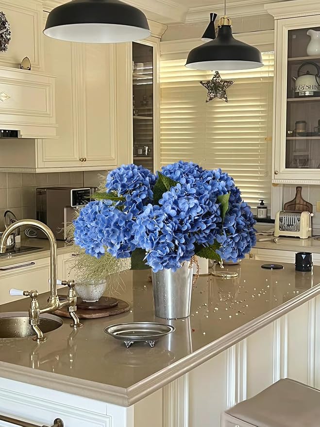 4 Pcs Royal Blue 20 inches Real Touch Hydrangea Artificial Flowers Boho Lifelike Real Looking Latex Hydrangeas Flower with Long Stem for Indoor Living Room Spring Home Decor Table Flower