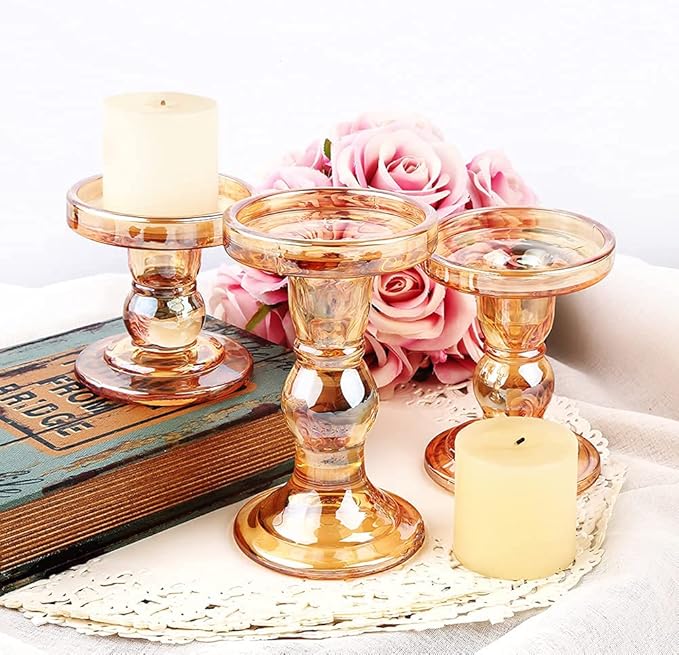 3-Piece Set of Glass Candlestick, Crystal Candlestick Holder Holder and Conical Candle, Christmas Candle Holder Decoration, Family Living Room Wedding Candle Holder (7 Colour)