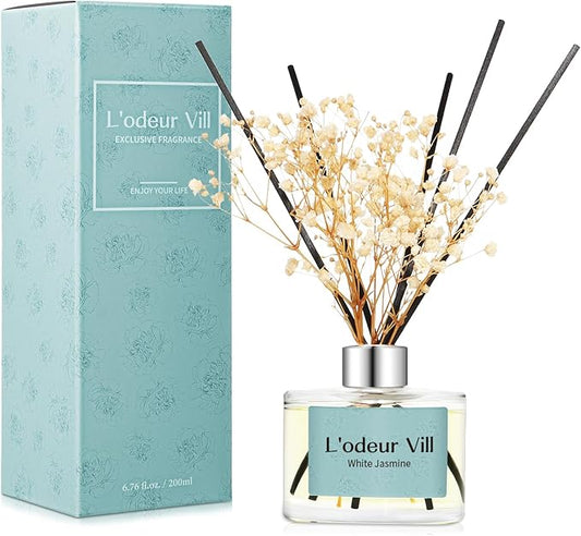 L'odeur Vill Reed Diffuser Set, 6.7 oz(200ml) White Jasmine Scented Diffuser with 6 Oil Diffuser Sticks, Home Fragrance Essential Oil Reed Diffuser for Home Large Rooms Bathroom Shelf Decor