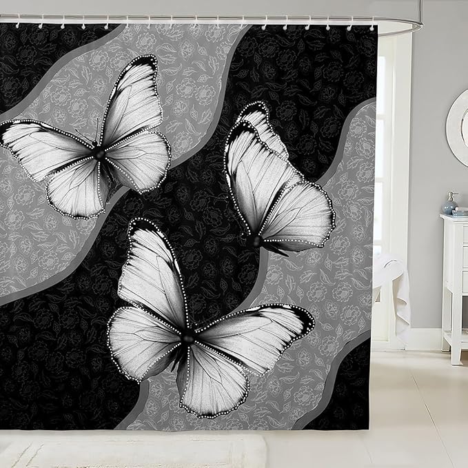 Feelyou Butterfly Shower Curtain 72"x72" Kids Butterflies Botanical Floral Print Bathroom Shower Curtain Set for Boys Girls Teens Geometric Stripes Bath Curtain Black White Bathroom Accessories